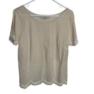 Ann Taylor Loft Beaded Eyelet Top Blouse Womens S Beige‎ Short Sleeve Scalloped